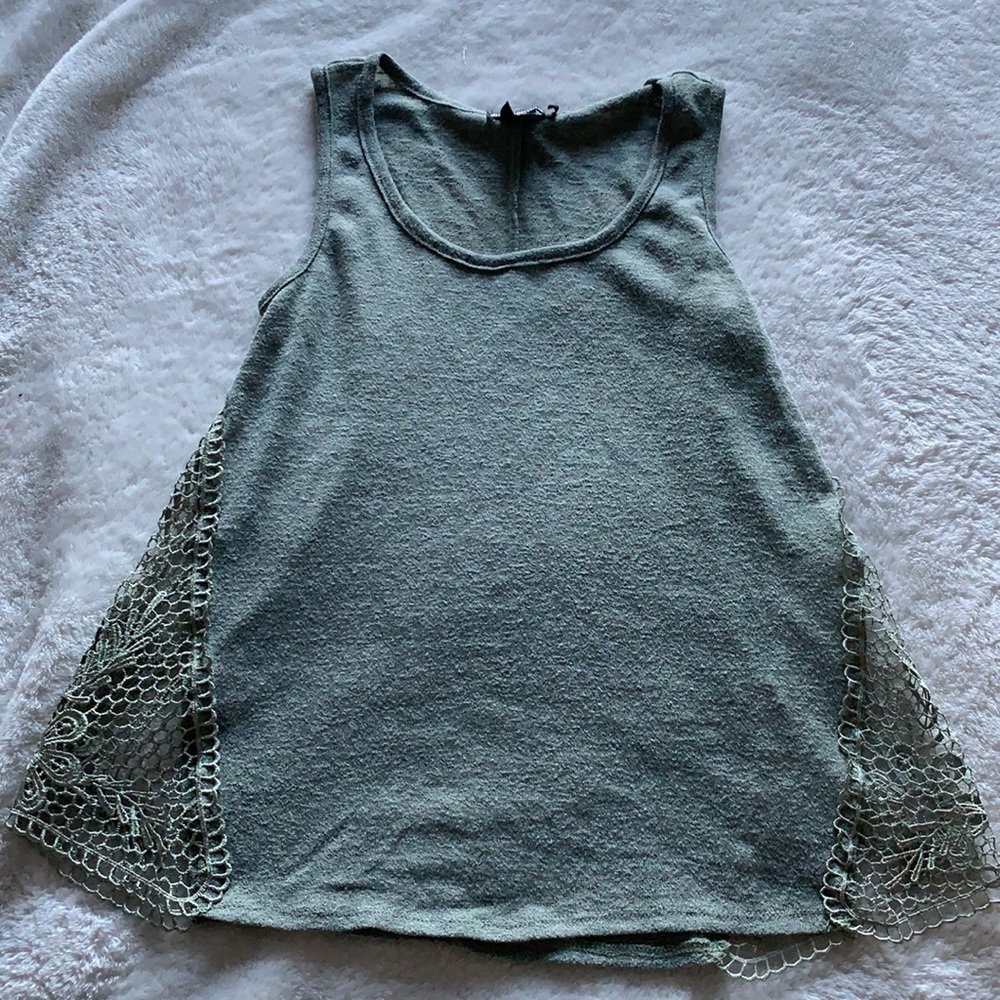 olive green tank top with crochet side cutouts